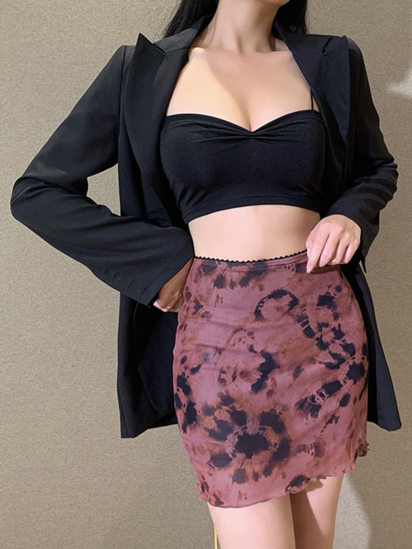 Printed high waist double layer slim wrap hip skirt
