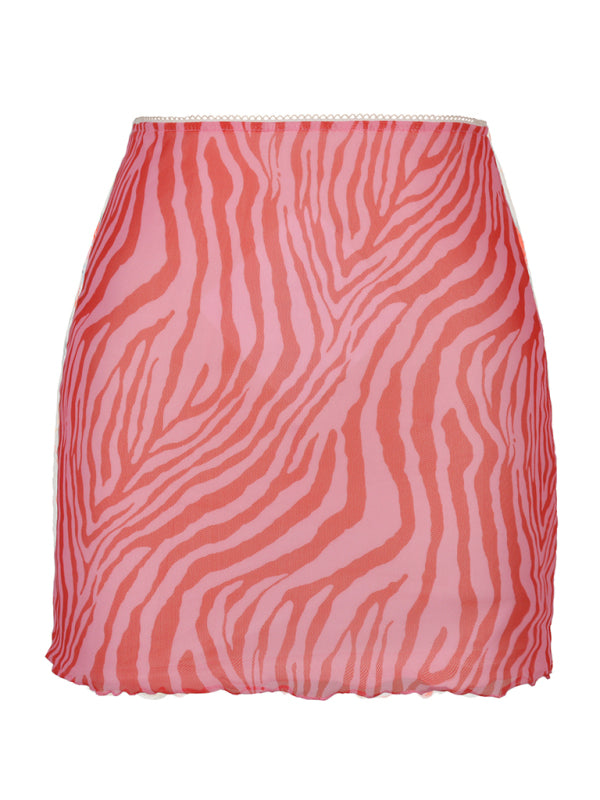 Printed high waist double layer slim wrap hip skirt
