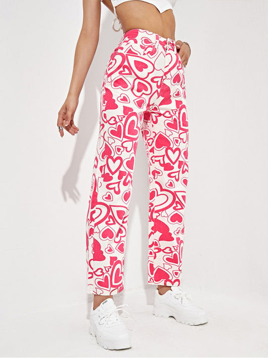 Women's Loose Love Print Straight Trousers
