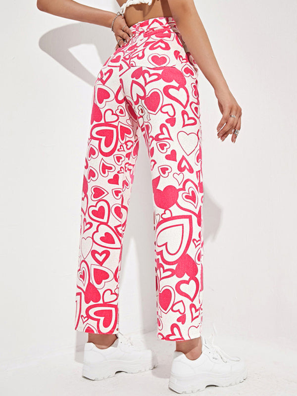 Women's Loose Love Print Straight Trousers