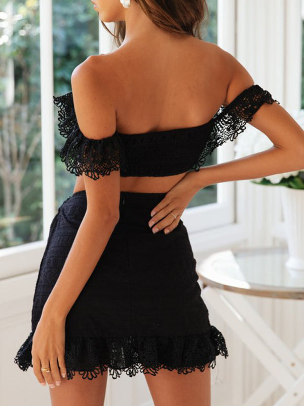 Women's one-shoulder lace tube top skirt two-piece set