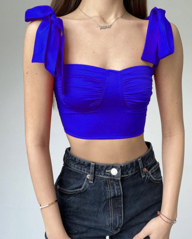 Pleated low-cut strappy slim camisole with pleated neckline