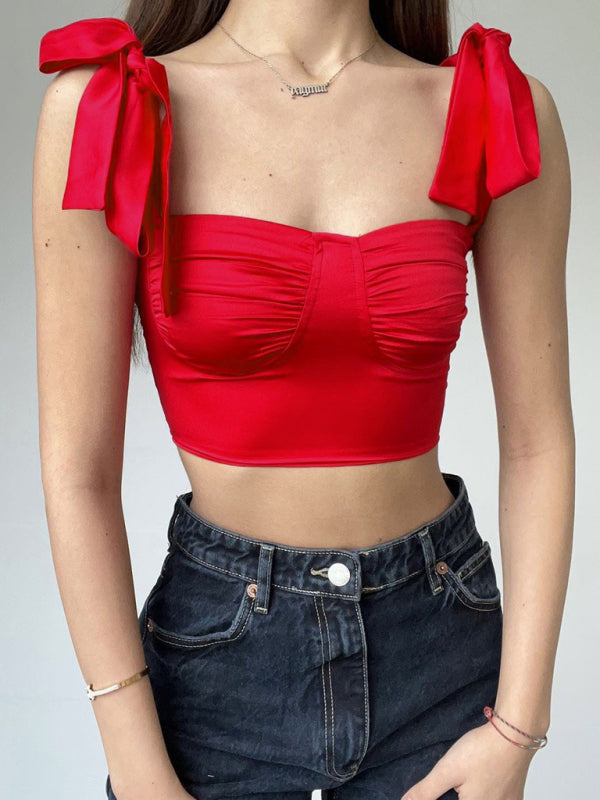 Pleated low-cut strappy slim camisole with pleated neckline