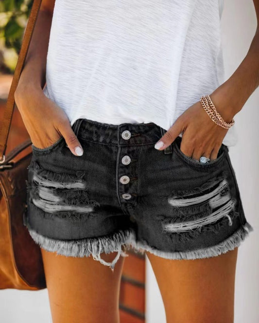 Women's Straight-breasted ripped fringed denim style shorts