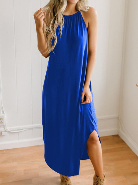 Women's Solid Color Slit Hem Silk Maxi Dress