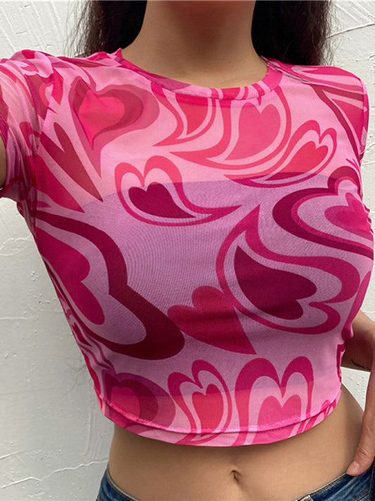 Women's round neck love mesh see-through short-sleeved T-shirt top