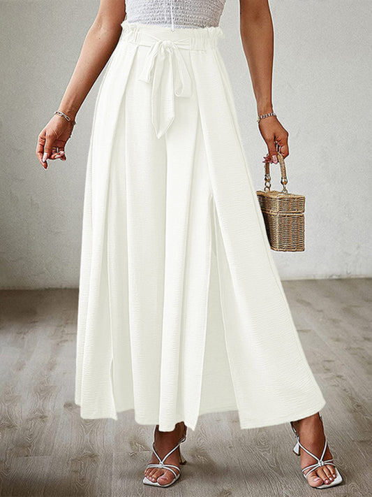 Bow loose high waist pleated wide leg pants with belt