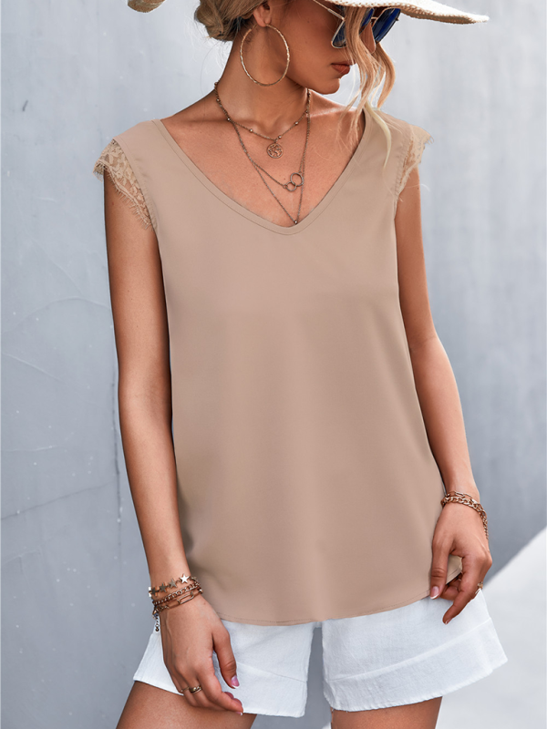 Women's V-neck Lace Stitching Casual Sleeveless Tank Top