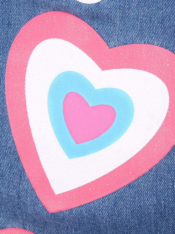 Women's Contrasting Color Heart Graffiti Print Loose Jeans