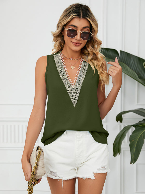 Women's Solid Color Chiffon Loose V Neck Sleeveless Tank Top