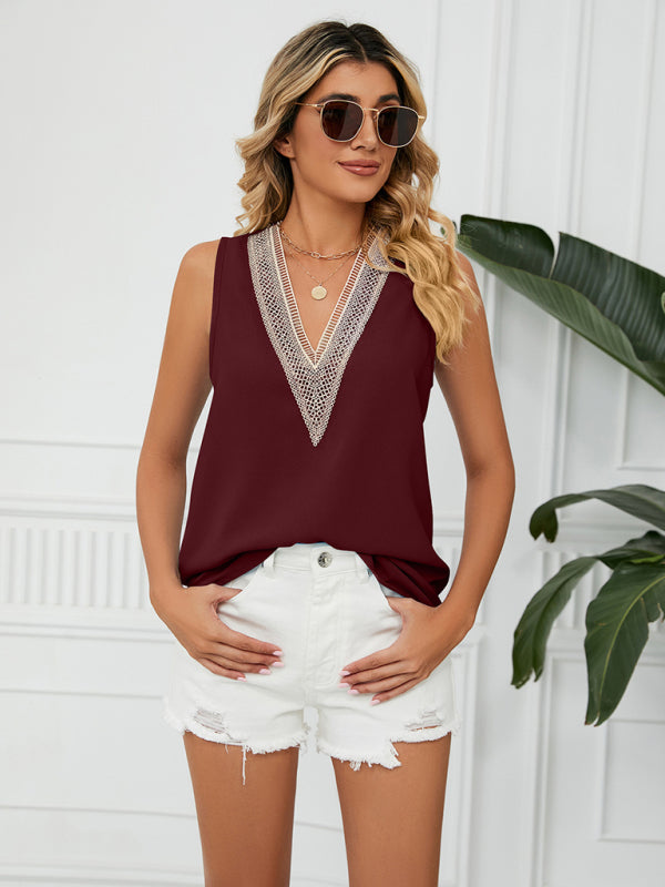 Women's Solid Color Chiffon Loose V Neck Sleeveless Tank Top