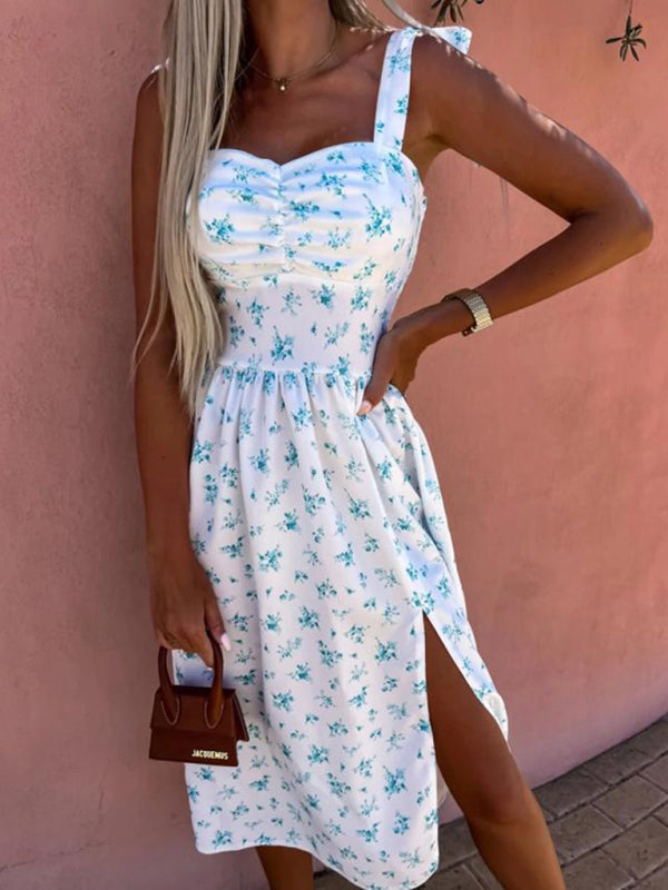 Casual Floral Print Wrapped Chest Dress