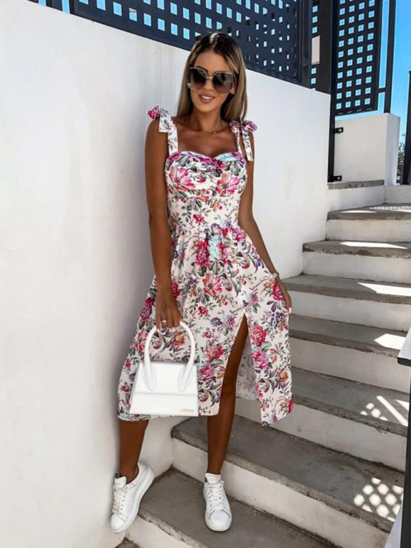 Casual Floral Print Wrapped Chest Dress