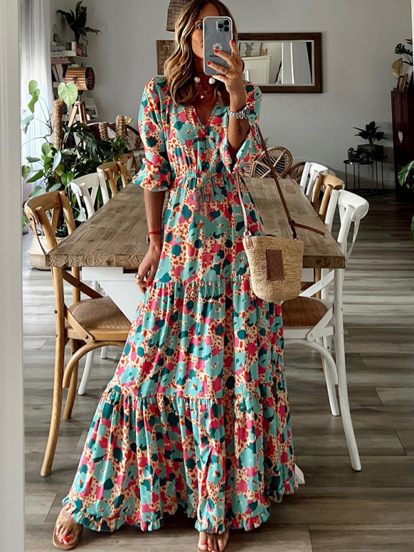 Five-quarter-sleeved multicolored floral pleats stitching large dress