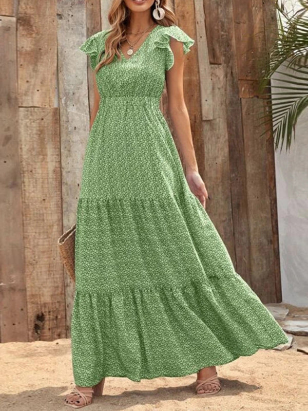 Women's V-neck long waist floral print large swing dress