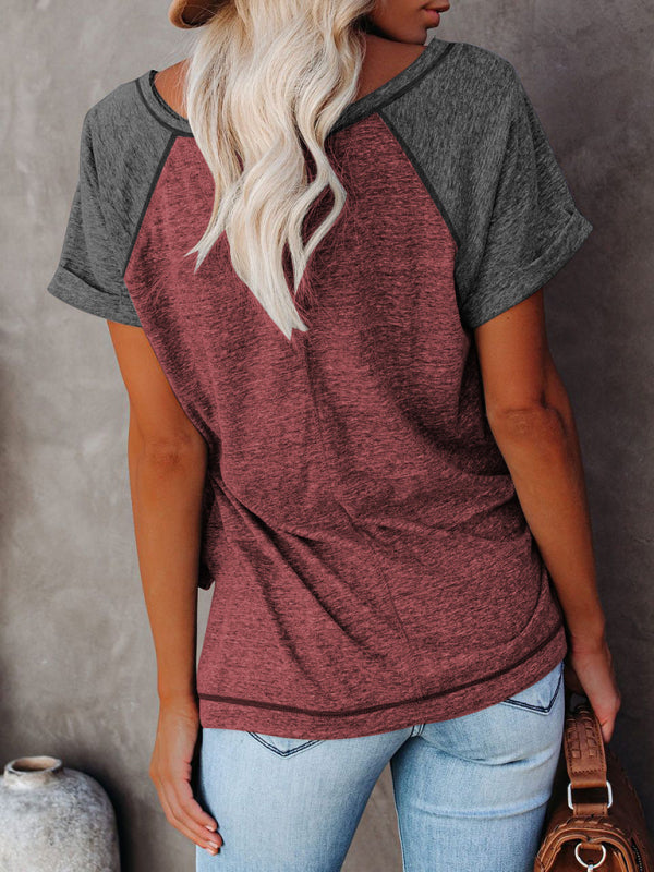 Ladies Colorblock Casual Round Neck Short Sleeve T-Shirt