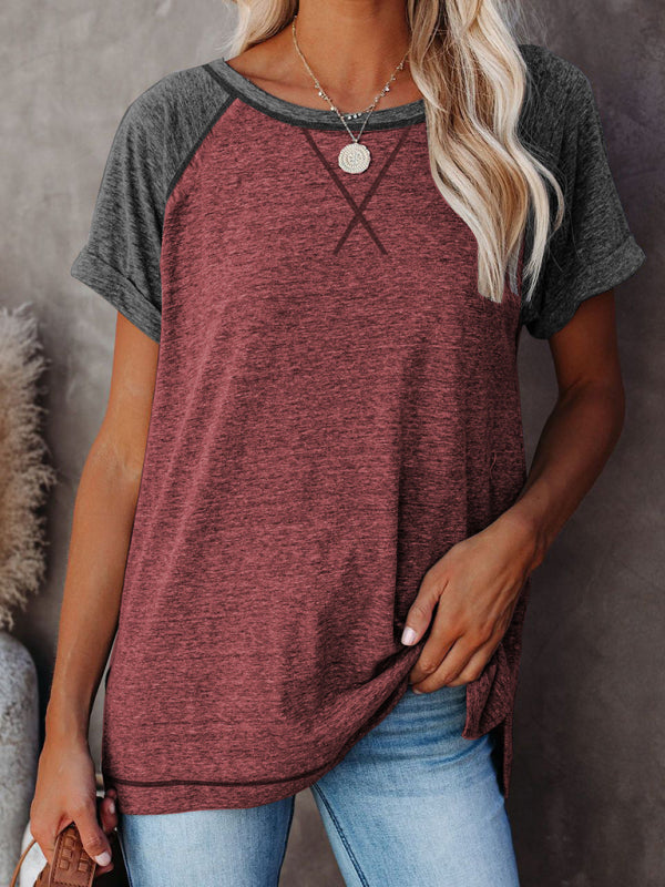 Ladies Colorblock Casual Round Neck Short Sleeve T-Shirt