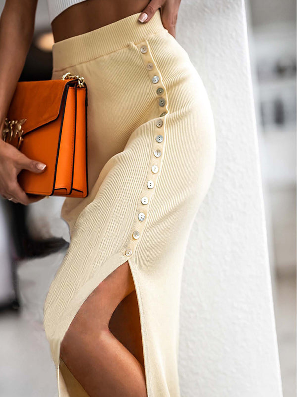 Solid Color Button Slit Midi Skirt