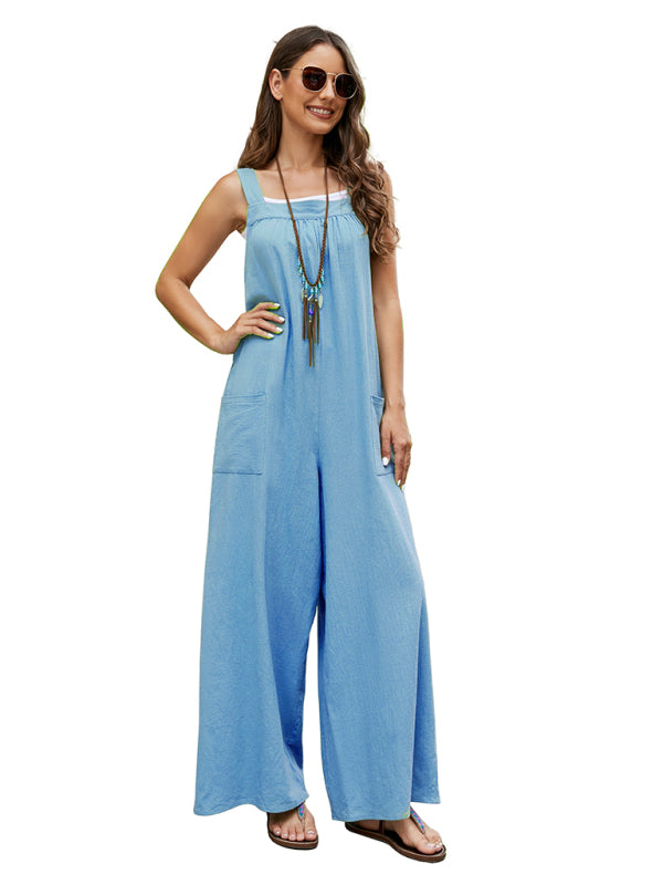 Women's Woven Loose Patch Pockets Casual Long Overall