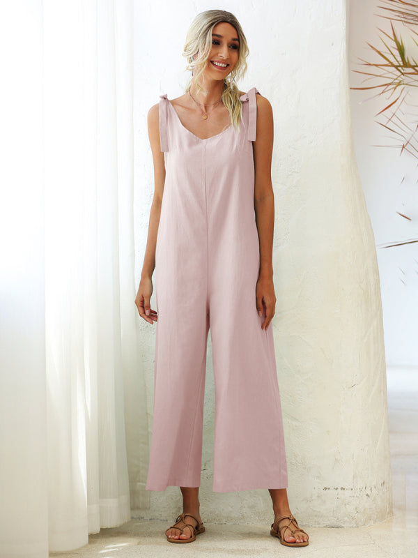 Women's Woven Strap Loose Casual Straight Jumpsuit