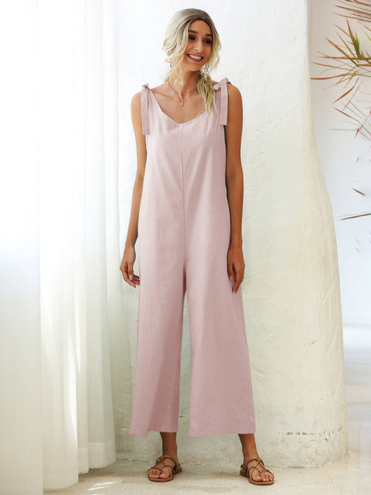 Women's Woven Strap Loose Casual Straight Jumpsuit