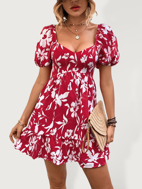 Women's Woven French Sweetheart Neck Floral Print Dress