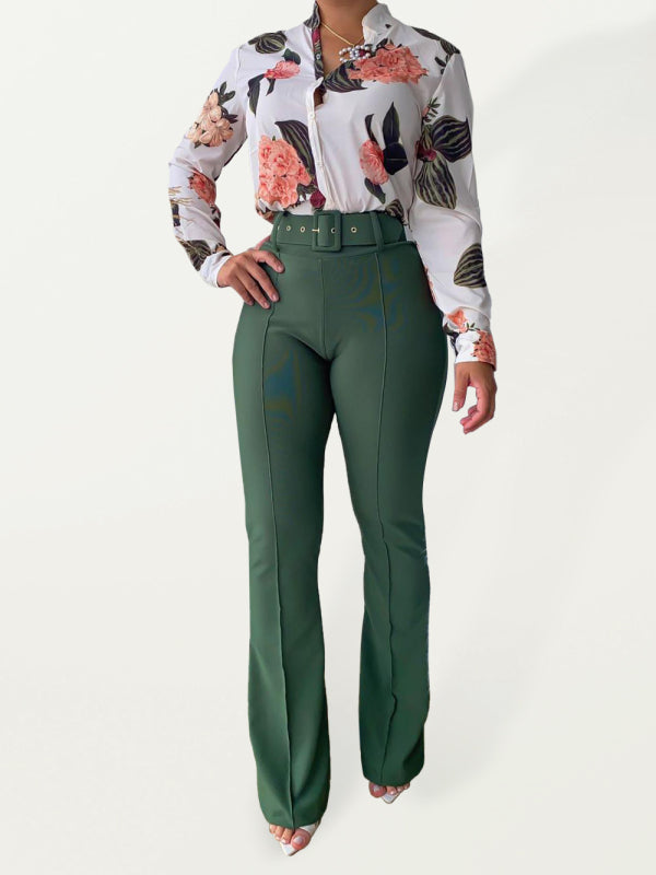 Printed long-sleeved shirt top wide-leg pants two-piece set