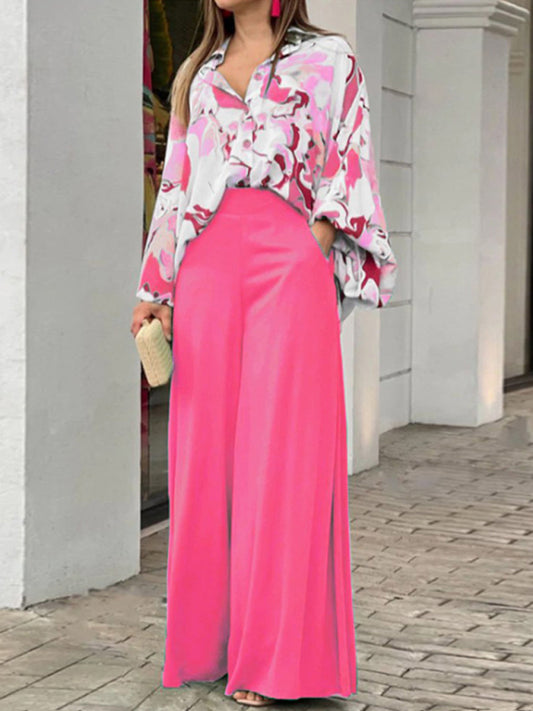 Summer loose casual printed shirt top wide-leg pants two-piece set