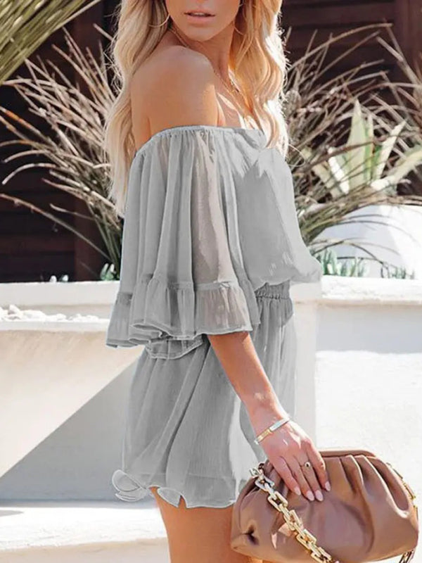 Short-sleeved loose-fitting solid-color chiffon jumpsuit