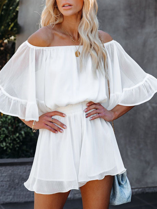 Short-sleeved loose-fitting solid-color chiffon jumpsuit