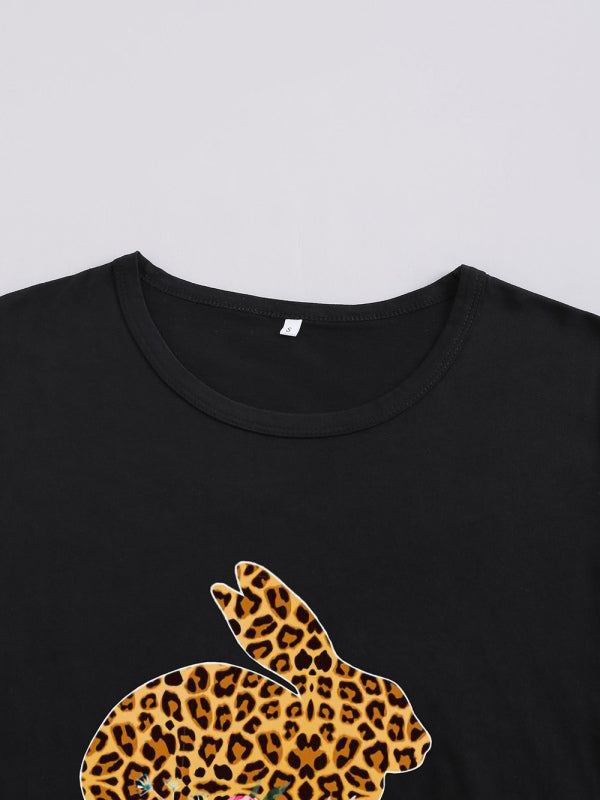 Women's Leopard Rabbit Graphic Print Short Sleeve T-shirt