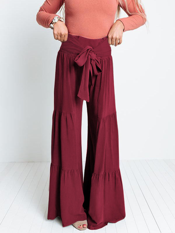 Women's woven strap elastic waist wide-leg A-type casual trousers