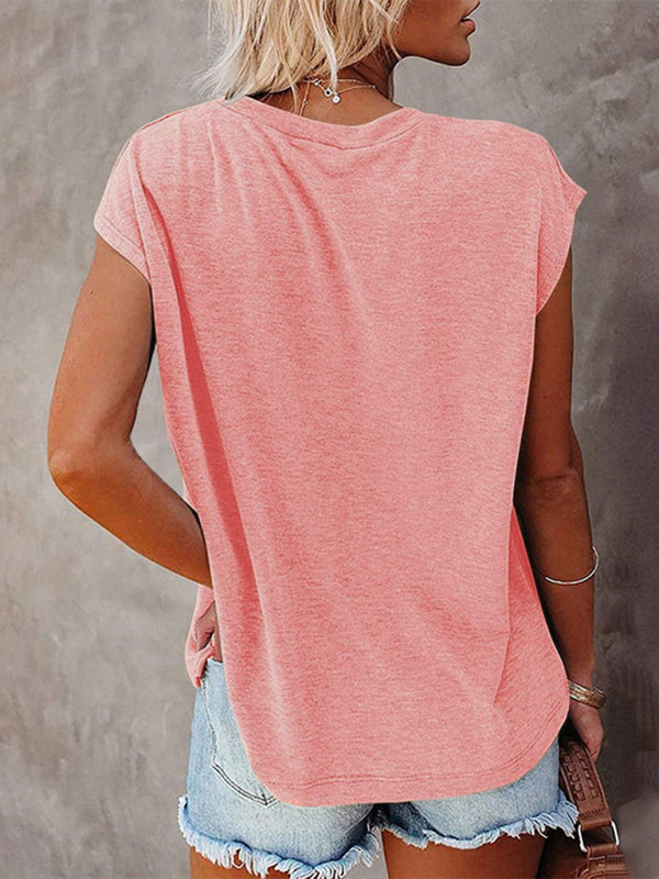Women's Solid Color Pocket Off Shoulder Round Neck Short Sleeve T-Shirt