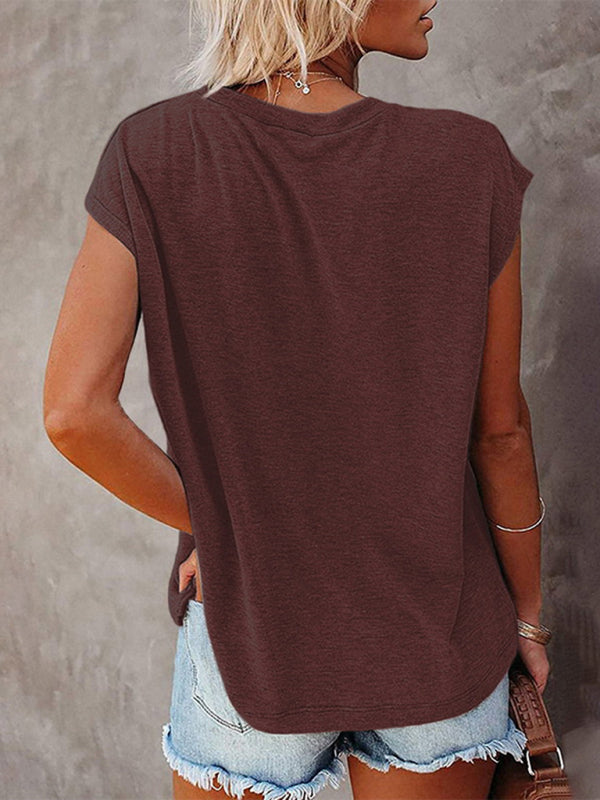 Women's Solid Color Pocket Off Shoulder Round Neck Short Sleeve T-Shirt