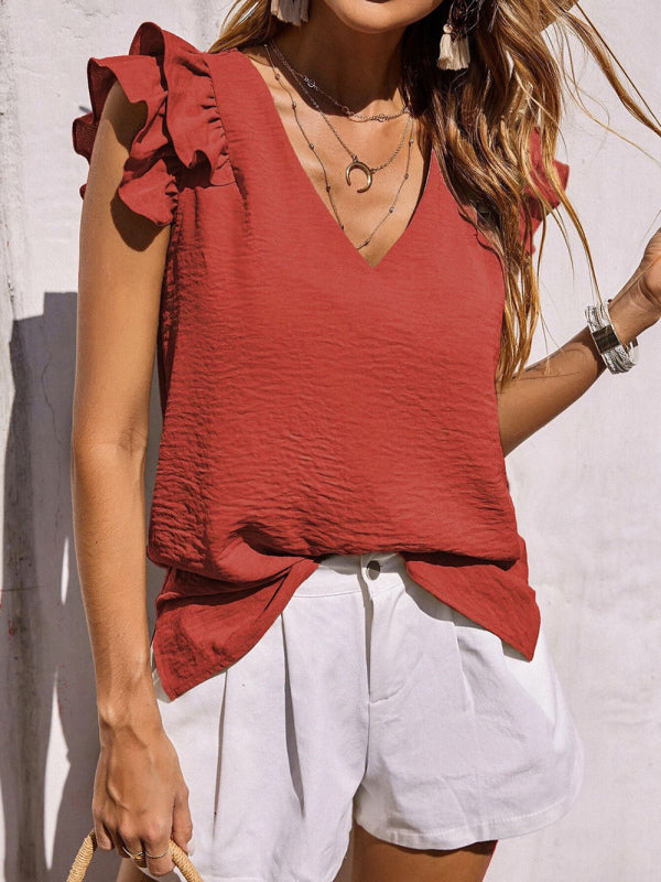 Women's Casual V Neck Ruffle Tank Top