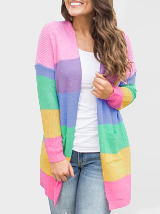 Long Sleeve Contrasting Color Striped Knit Cardigan