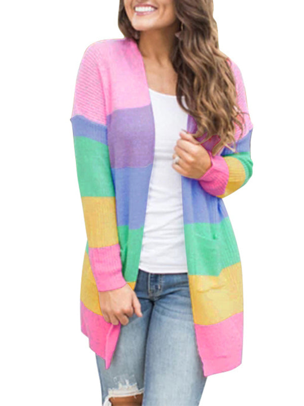 Long Sleeve Contrasting Color Striped Knit Cardigan