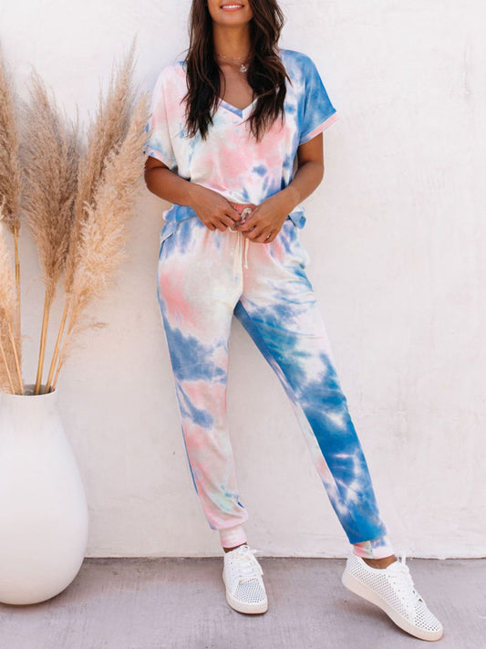 Women's colorful tie-dye short-sleeved T-shirt + trousers two-piece set