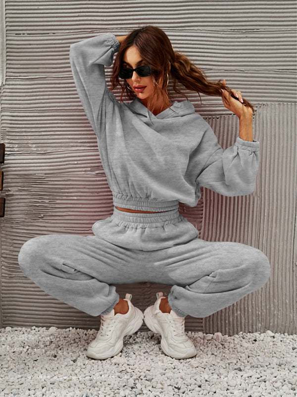 Solid color hooded sweater casual upper and lower two pieces set