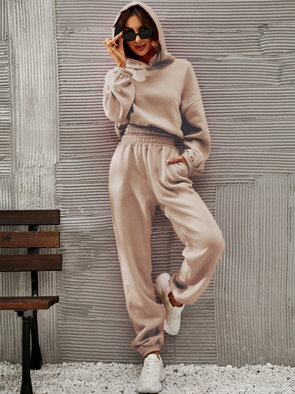 Solid color hooded sweater casual upper and lower two pieces set