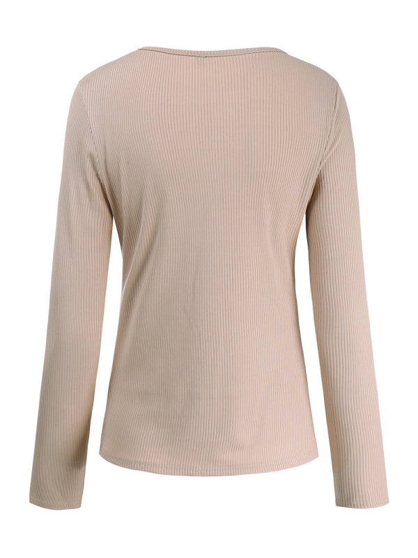 Women's Solid Color Button V Neck Long Sleeve Top