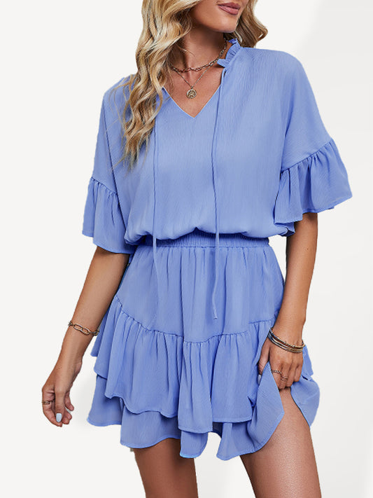 Ladies Solid Color Ruffle Dress