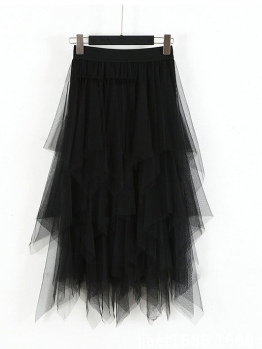 Mesh splicing high waist solid color mid-length skirt