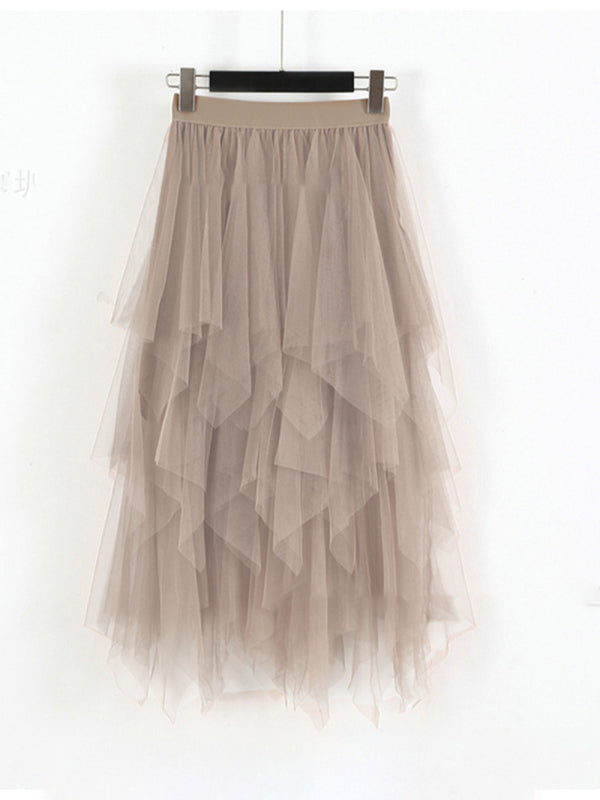 Mesh splicing high waist solid color mid-length skirt