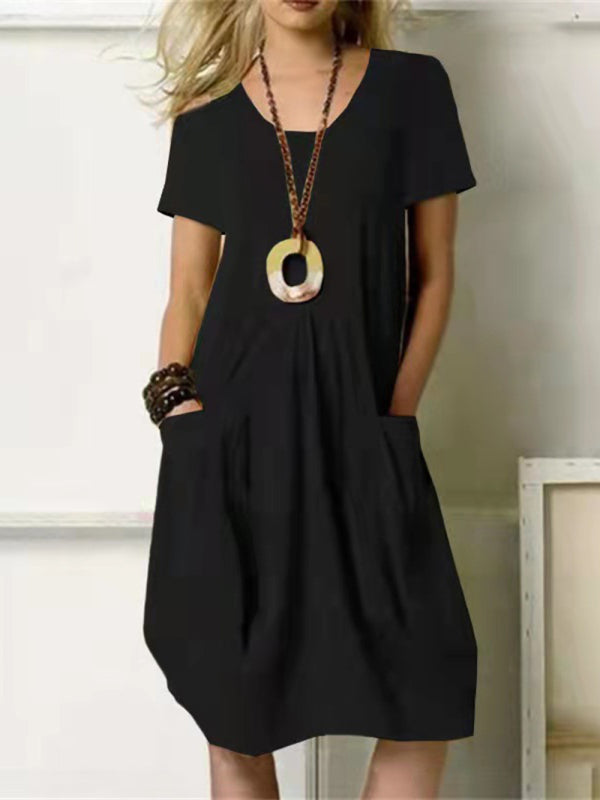 Solid Color Loose Round Neck Short Sleeve Dress