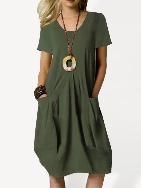 Solid Color Loose Round Neck Short Sleeve Dress