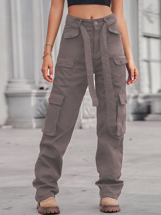 Women's Color Belted High Waist Utility Cargo Pants