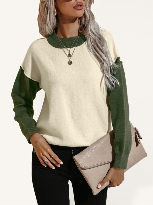 Women's casual color contrast loose long-sleeved pullover sweater