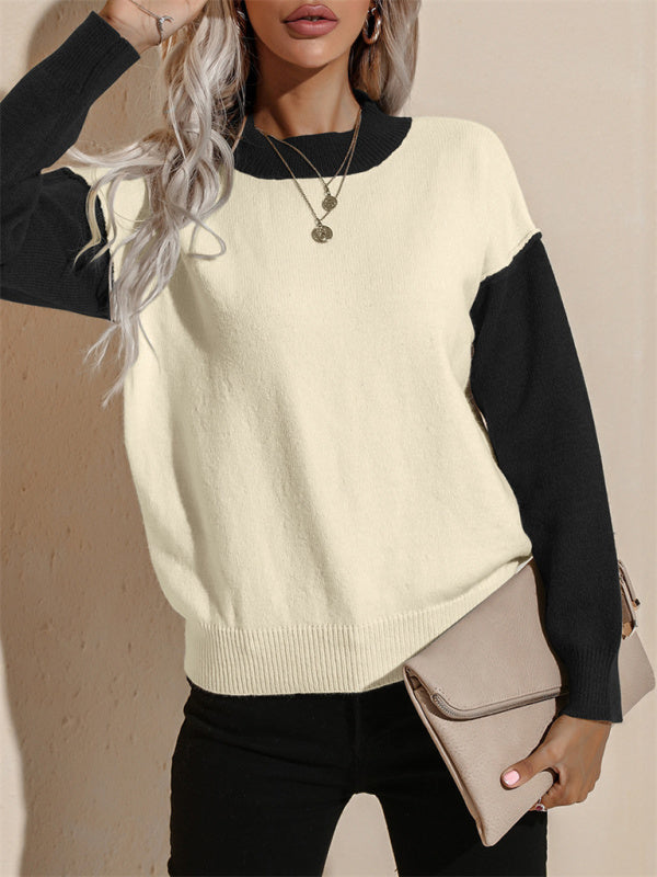 Women's casual color contrast loose long-sleeved pullover sweater