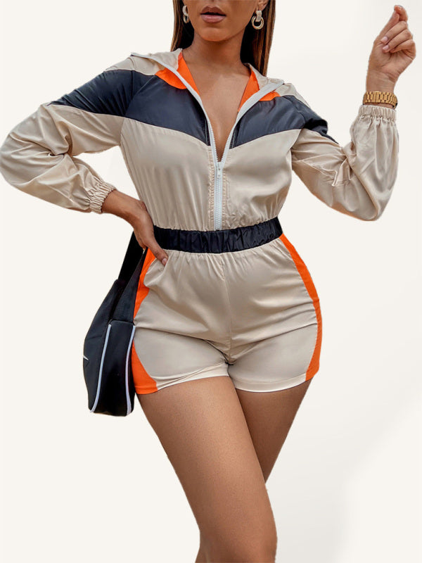 Women's Casual Splicing Contrast Color Zipper Short Jumpsuit